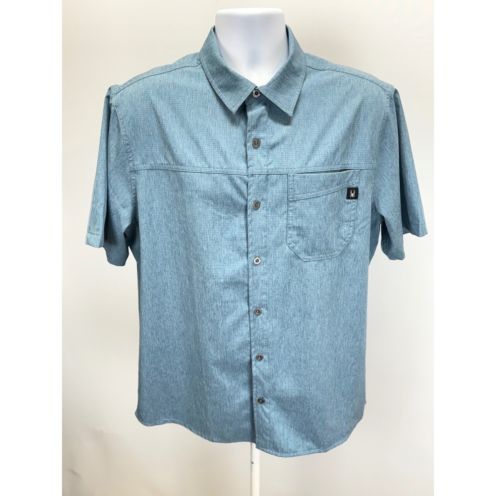 Spyder Mens Short Sleeve Button Down Shirt Blue Heathered Outdoor Active Top - Picture 11 of 12